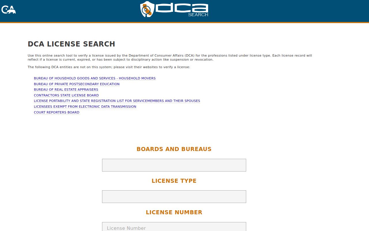 Belmont people directories California DCA professional license search