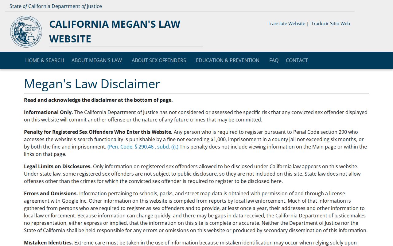 Belmont public records California Megan's Law registry landing page with statutory limits