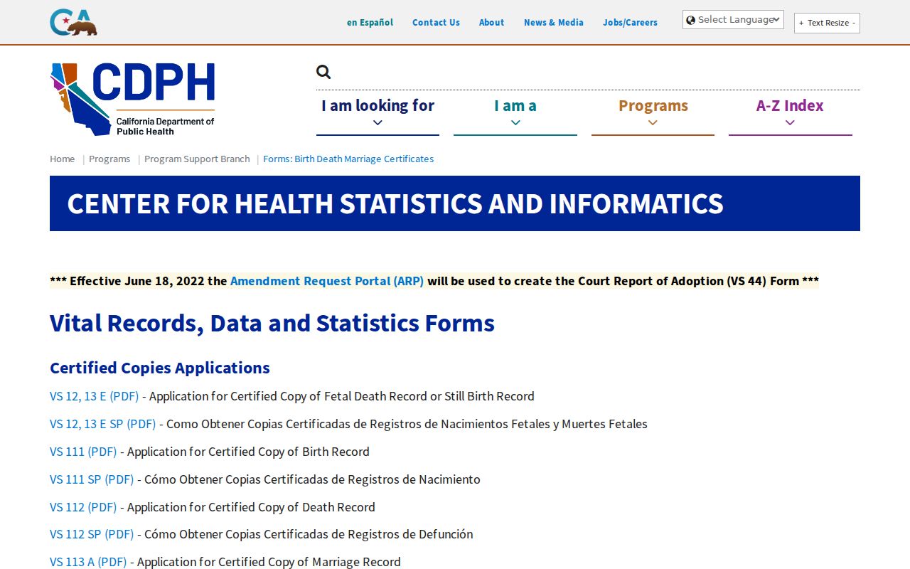 Belmont public records California CDPH vital records forms for birth death marriage and dissolution requests