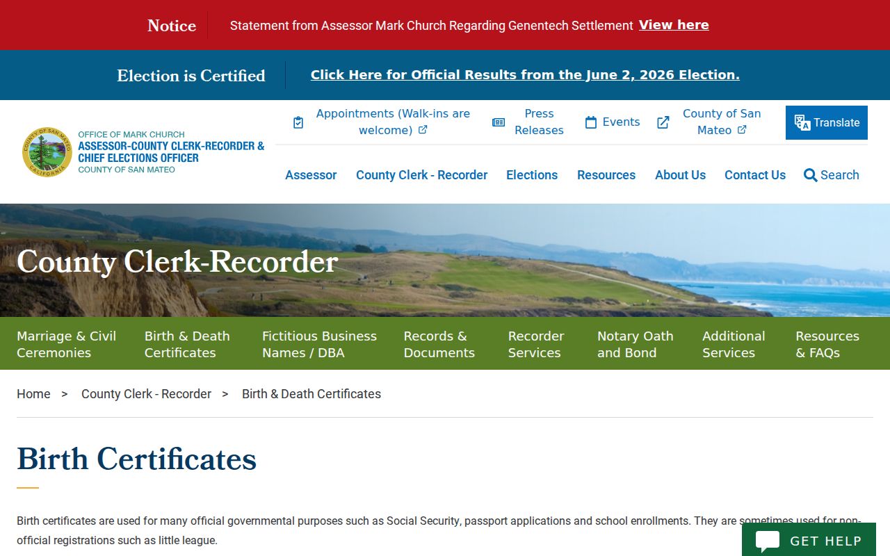 Belmont public records birth certificate page explaining vital record copy options and processing time