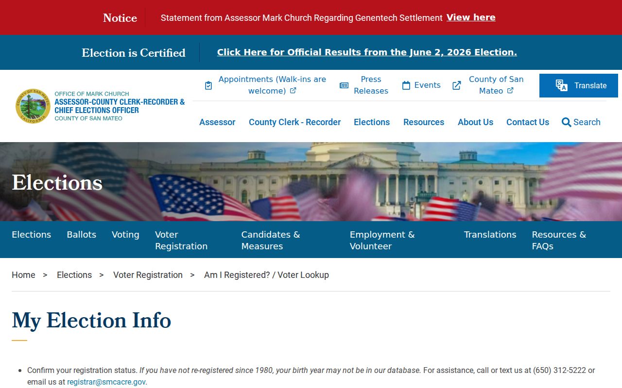 Belmont voter registration records lookup through San Mateo County My Election Info